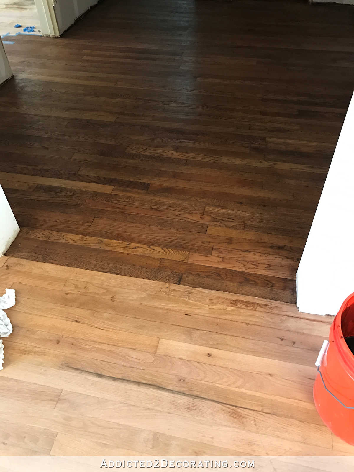 2 different color hardwood floors of adventures in staining my red oak hardwood floors products process pertaining to staining red oak hardwood floors 2 tape off one section at a time for