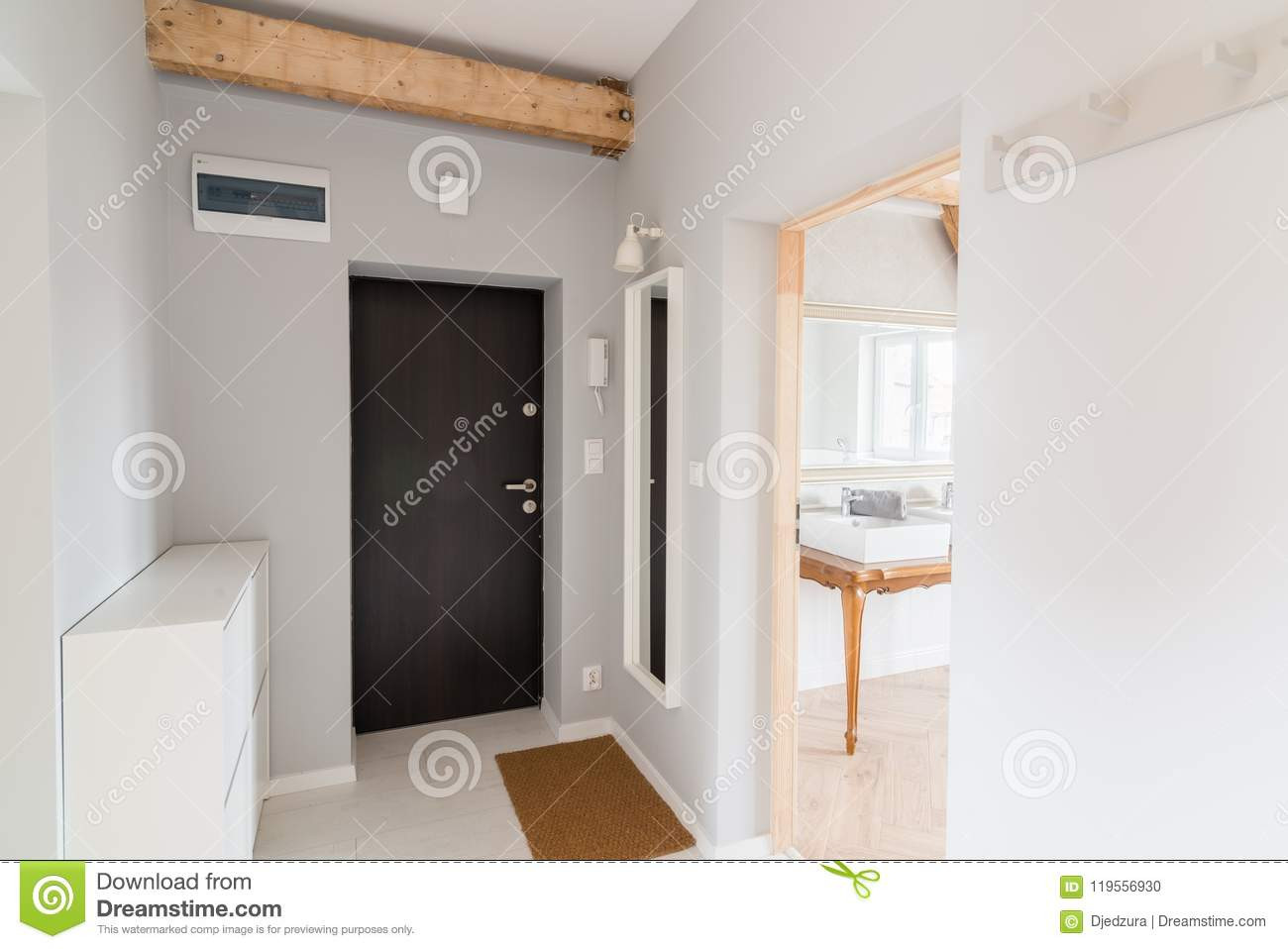 grey walls light hardwood floors of modern apartment hall with entrance doors and intercom stock photo throughout download modern apartment hall with entrance doors and intercom stock photo image of light