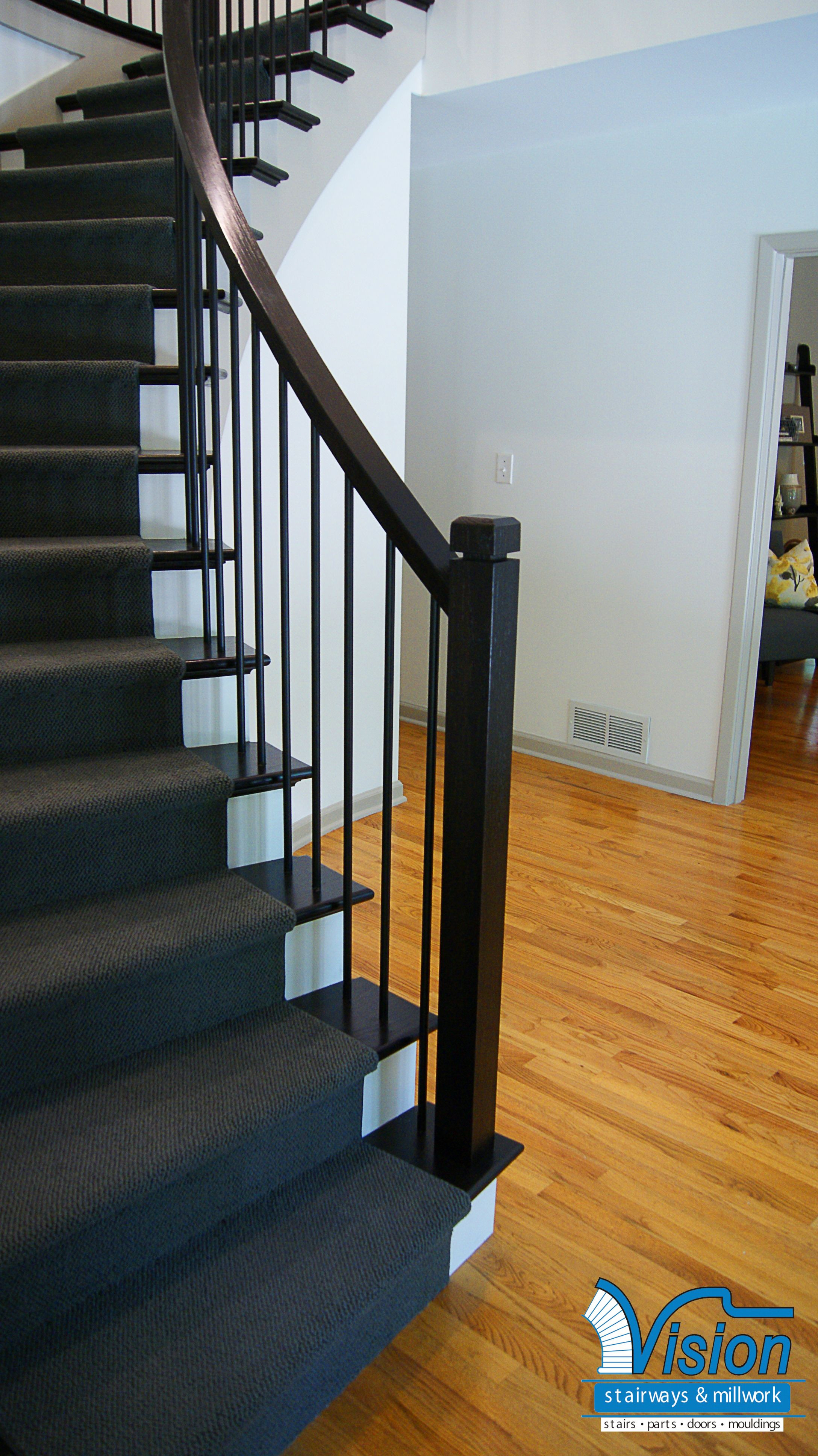 Hardwood Floor Refinishing Ottawa Of Curved Staircase with Iron Railing and Balusters with Ebony Stained Regarding Curved Staircase with Iron Railing and Balusters with Ebony Stained Wooden Newels and Return Treads